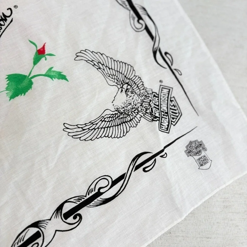 Vintage Official Harley-Davidson Rose Bandana Made In USA Eagles Black and White